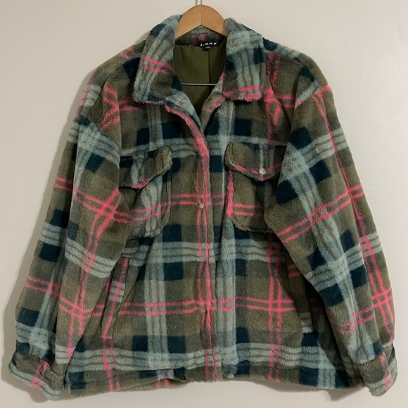 J.NNA green plaid fuzzy jacket 1x - Picture 1 of 11